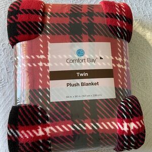 Brand New Plush Twin Blanket; Red, Black, and White Plaid; In Original Packaging